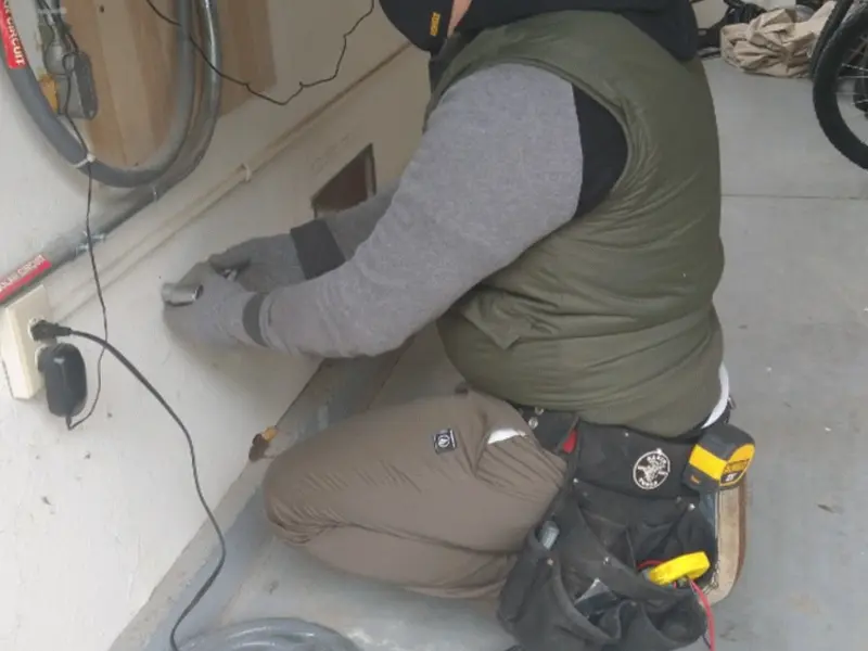 Electrician performing outlet wiring in a Kochville garage